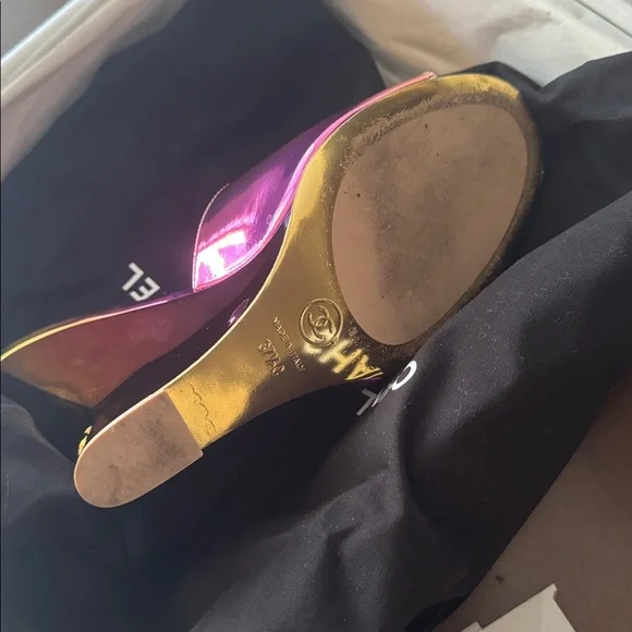 CHANEL Laminated Calfskin Wedge Mules 37.5 Pink Orange Yellow Multicolor CC logo - Picture 9 of 13